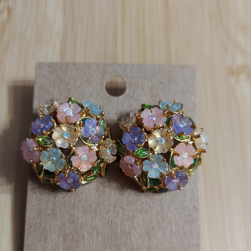 Joan River's Textured Gold Tone/Enamel Floral Bouquet Statement Earrings (Rare)